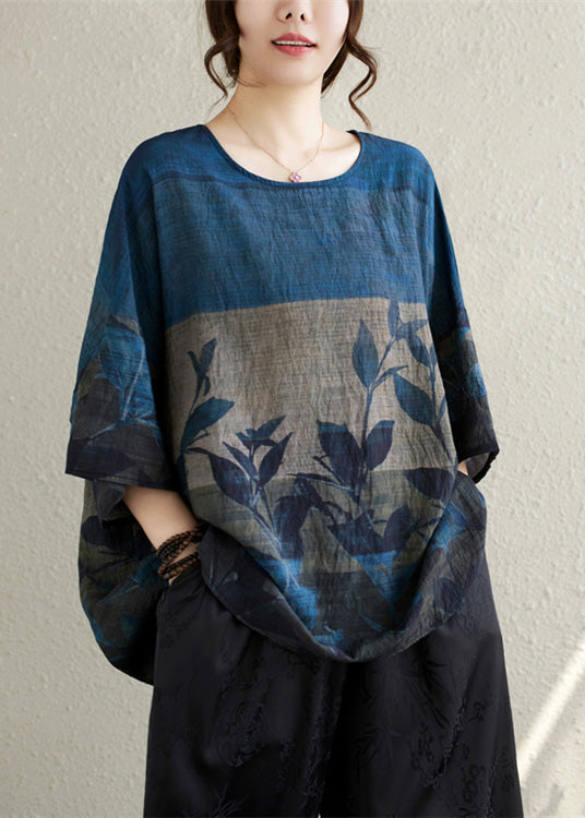 Summer Vintage Linen Tanks Navy Print Oversized