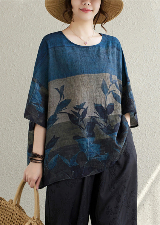Summer Vintage Linen Tanks Navy Print Oversized