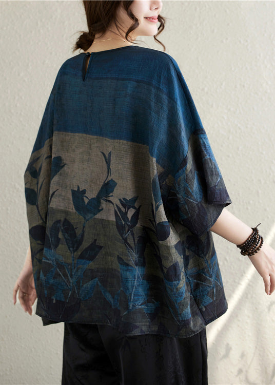 Summer Vintage Linen Tanks Navy Print Oversized