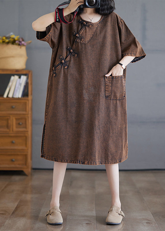 O-Neck Open Short Side Long Button Denim Dresses Vintage Sleeve