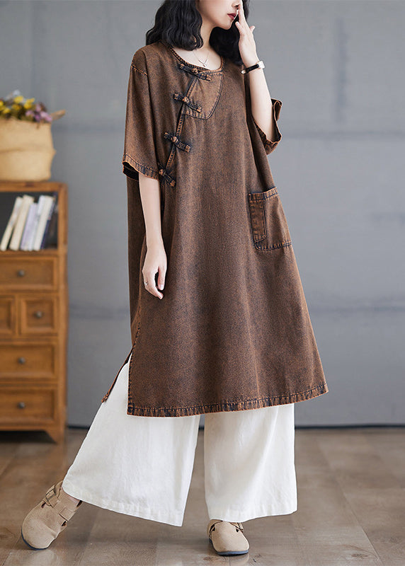 O-Neck Open Short Side Long Button Denim Dresses Vintage Sleeve