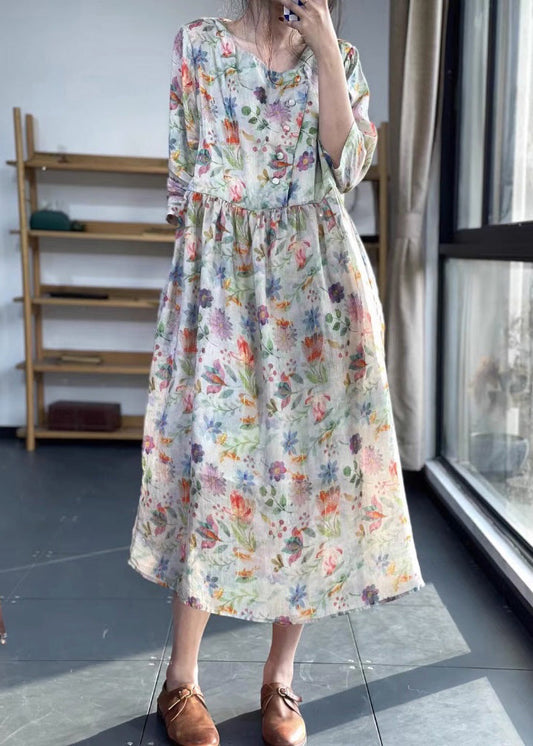 Vintage O Hals Print Patchwork Baumwolle Kleid Armband Ärmel LK012