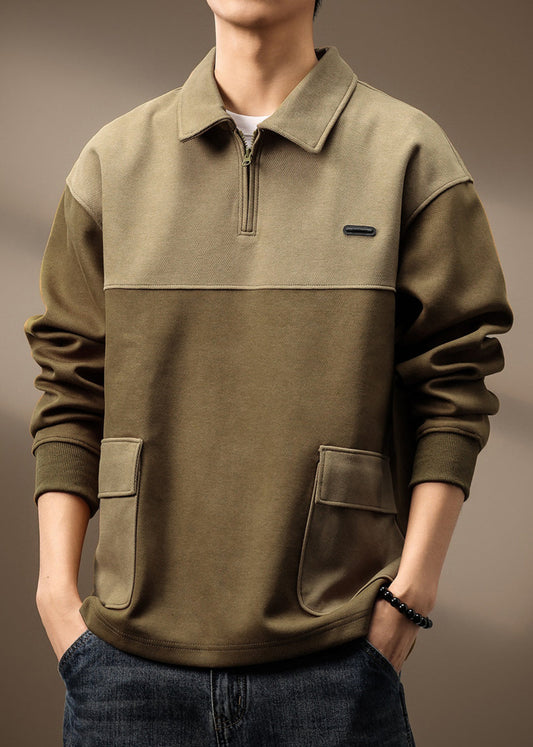 Vintage Olive Green Zip Up Pockets Patchwork Cotton Mens Sweatshirt Spring TC014