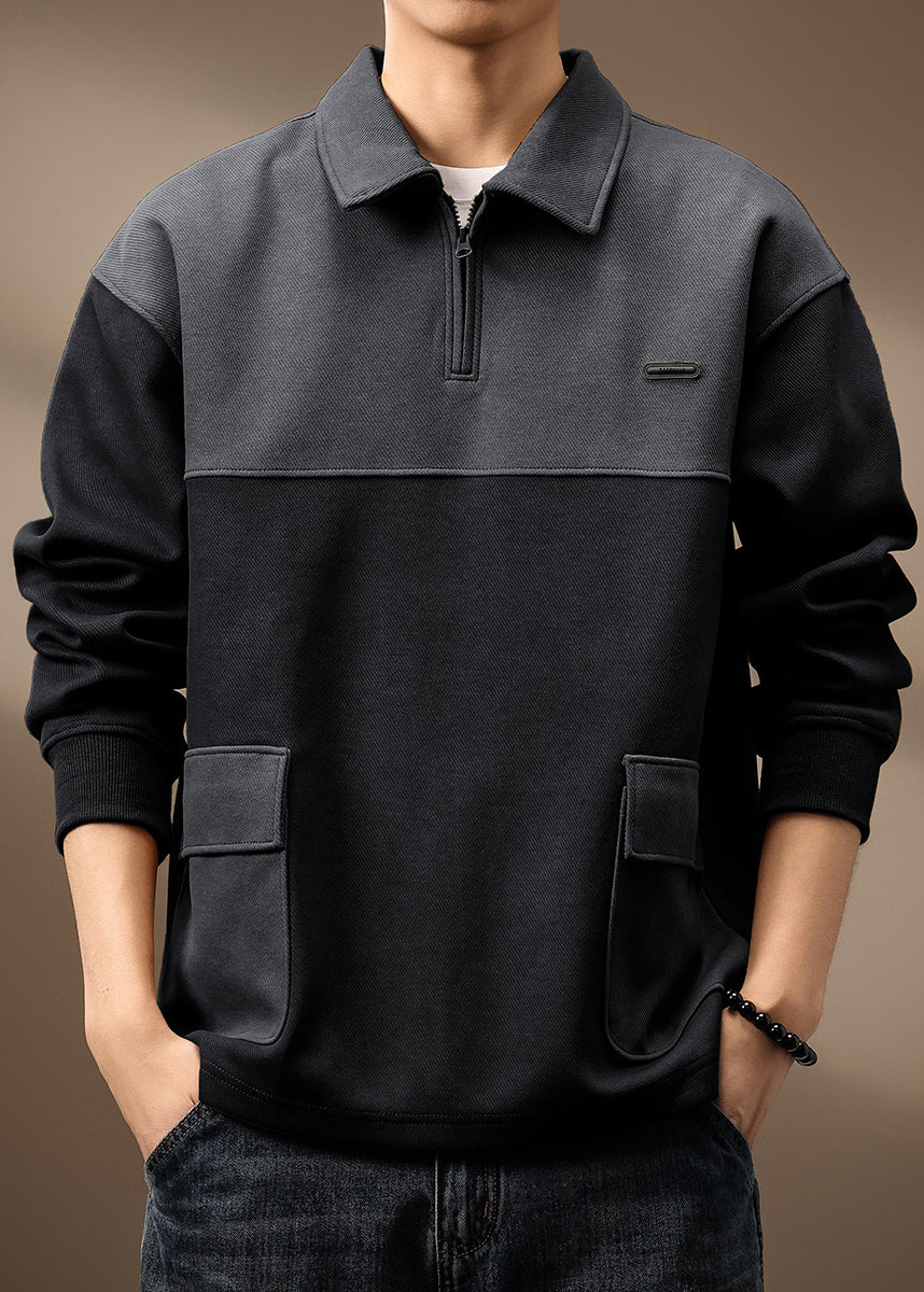 Vintage Olive Green Zip Up Pockets Patchwork Cotton Mens Sweatshirt Spring TC014