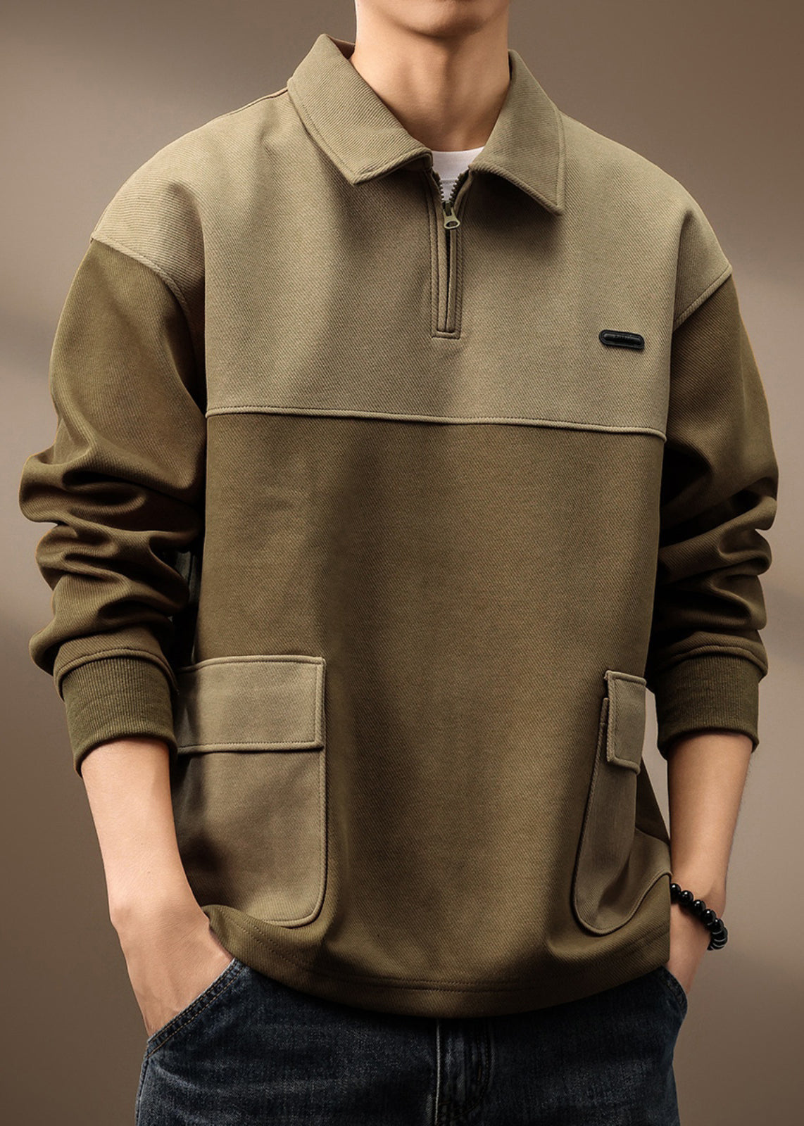 Vintage Olive Green Zip Up Pockets Patchwork Cotton Mens Sweatshirt Spring TC014