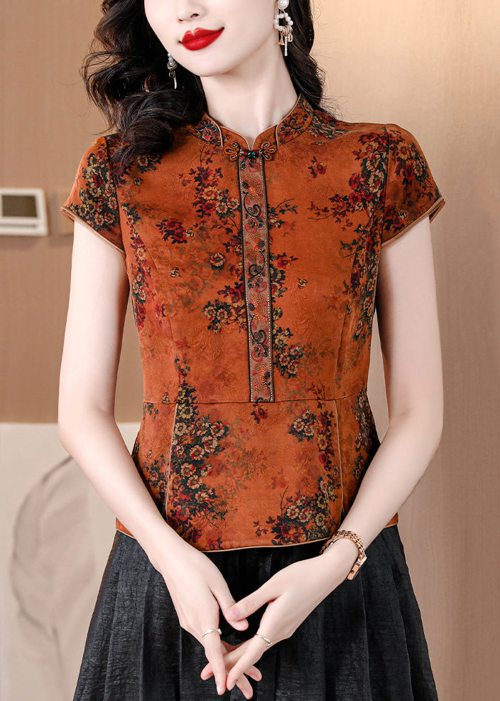 Vintage Orange Stand Collar Print Silk Shirts Summer OP1082