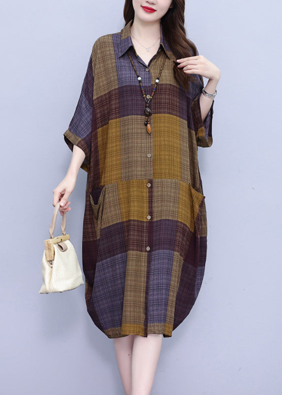 Vintage Peter Pan Collar Plaid Long Shirt Dress Summer BV017