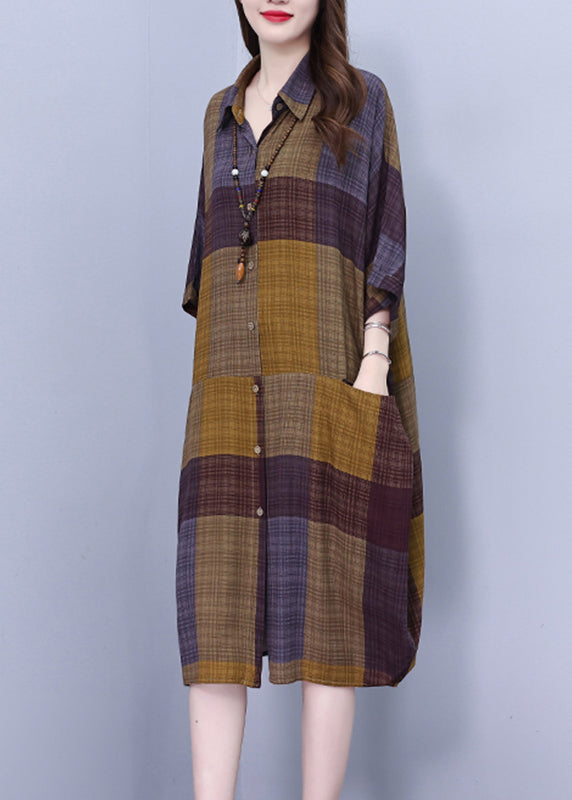 Vintage Peter Pan Collar Plaid Long Shirt Dress Summer BV017