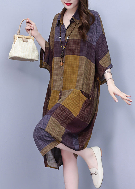 Vintage Peter Pan Collar Plaid Long Shirt Dress Summer BV017