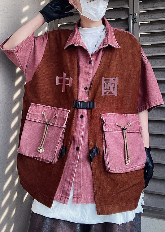 False Oversized Half Pieces Pink Vintage Men Shirts Patchwork Two