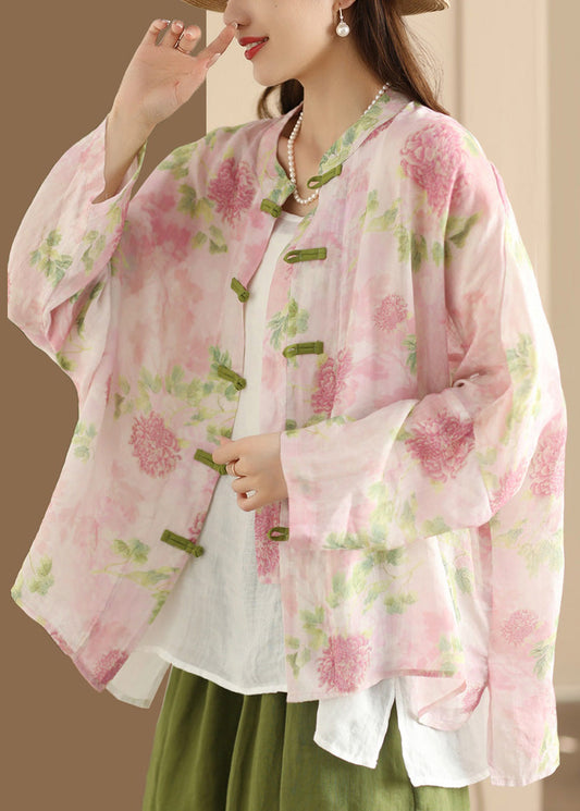 Summer Oversized Print Pink Oriental Linen Vintage Shirt Top