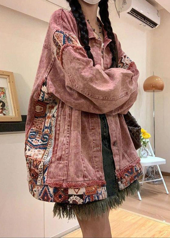 Patchwork Button Spring Peter Pink Coat Vintage Pan Collar Denim