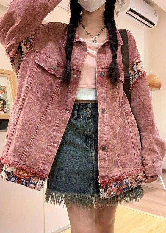 Patchwork Button Spring Peter Pink Coat Vintage Pan Collar Denim