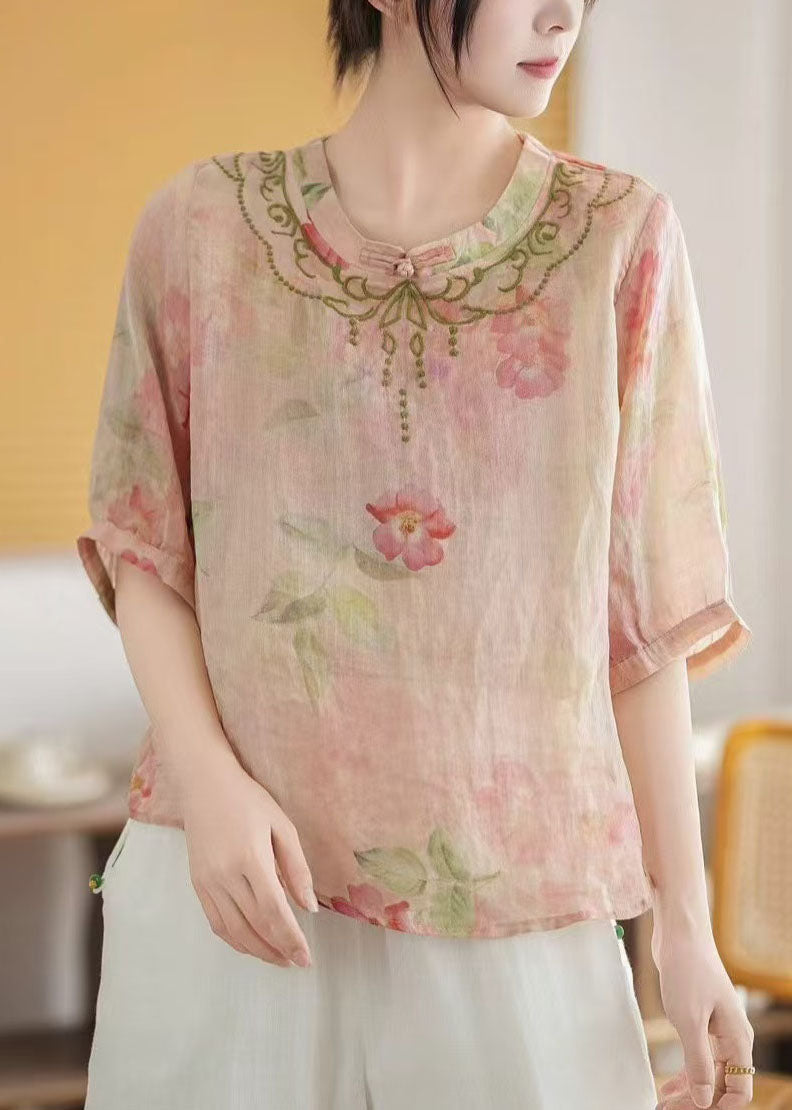 Chinese Top Style Print Summer Pink Linen Vintage