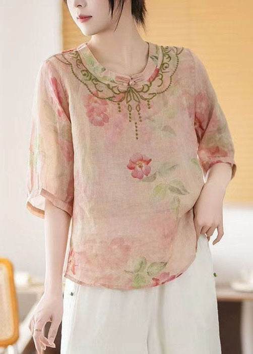 Chinese Top Style Print Summer Pink Linen Vintage