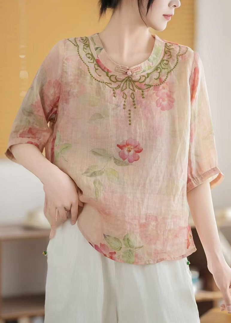 Chinese Top Style Print Summer Pink Linen Vintage
