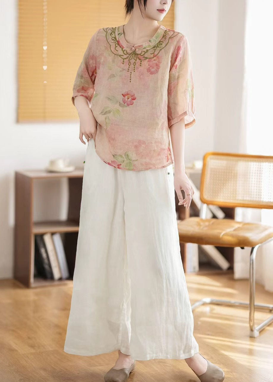 Chinese Top Style Print Summer Pink Linen Vintage