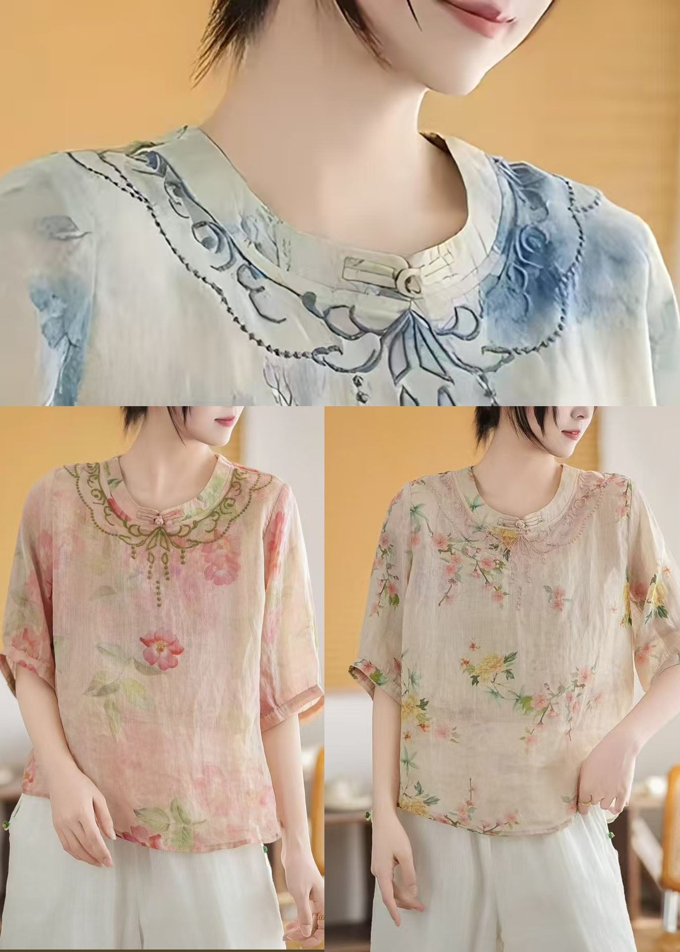 Chinese Top Style Print Summer Pink Linen Vintage