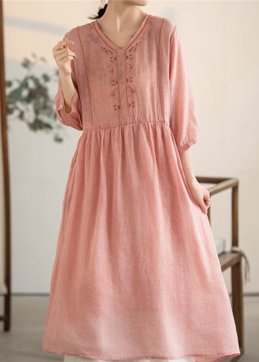 Pink Dresses V Patchwork Vintage Neck Linen Summer