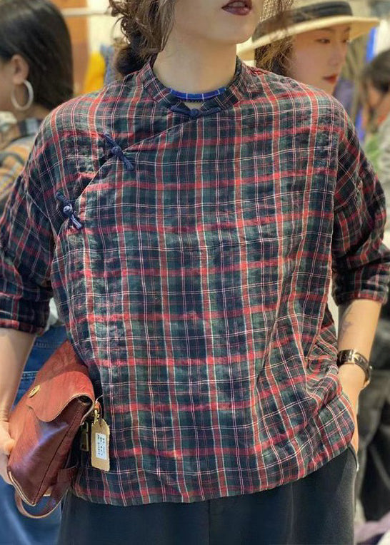 Vintage Plaid Button Cotton Blouses Stand Collar Bracelet Sleeve YH018