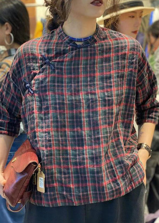Vintage Plaid Button Cotton Blouses Stand Collar Bracelet Sleeve YH018