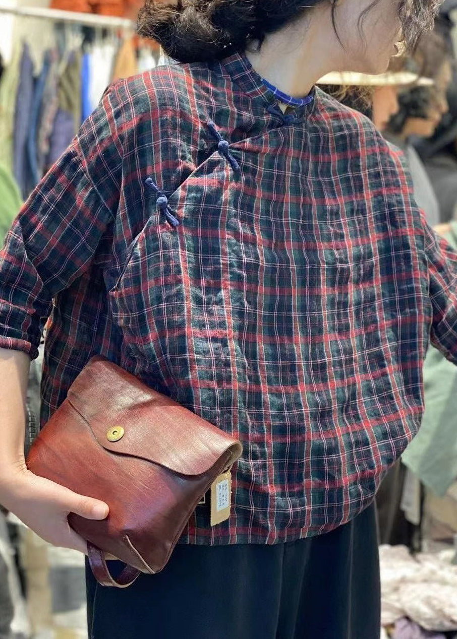 Vintage Plaid Button Cotton Blouses Stand Collar Bracelet Sleeve YH018