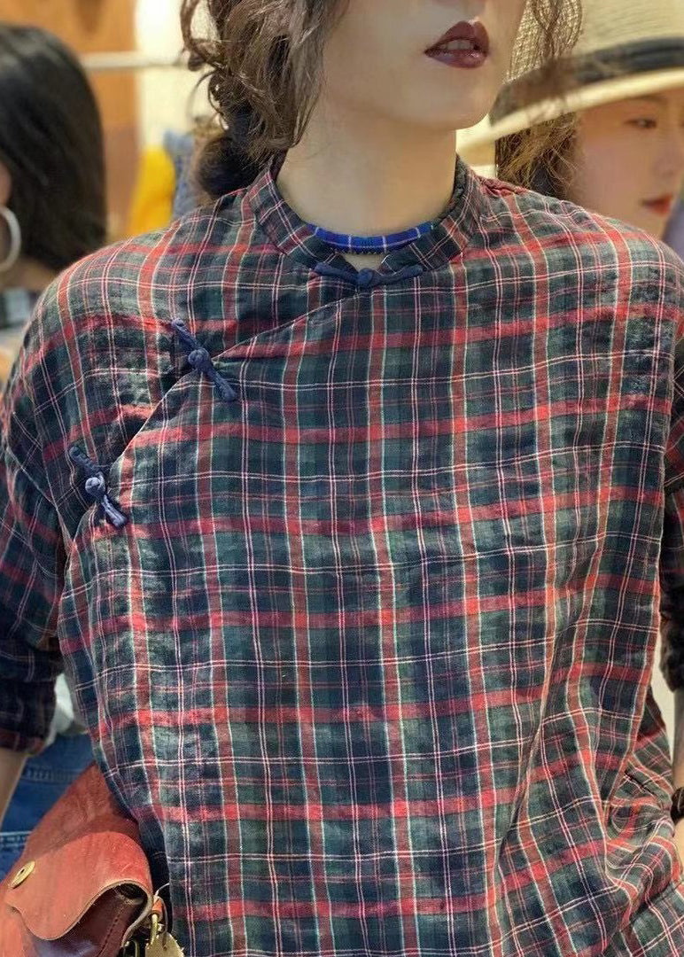 Vintage Plaid Button Cotton Blouses Stand Collar Bracelet Sleeve YH018