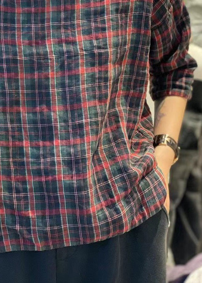 Vintage Plaid Button Cotton Blouses Stand Collar Bracelet Sleeve YH018