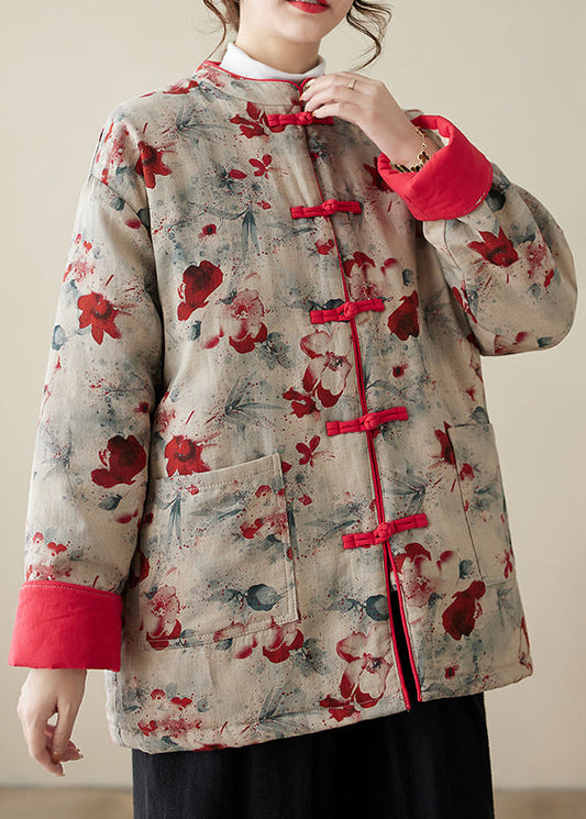 Vintage Print Button Pockets Thick Parka Stand Collar Winter QG020