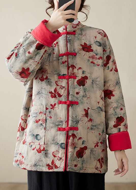 Vintage Print Button Pockets Thick Parka Stand Collar Winter QG020