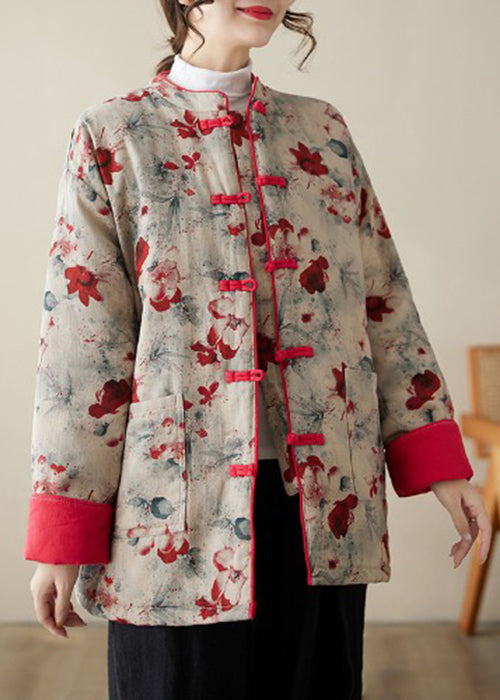 Vintage Print Button Pockets Thick Parka Stand Collar Winter QG020