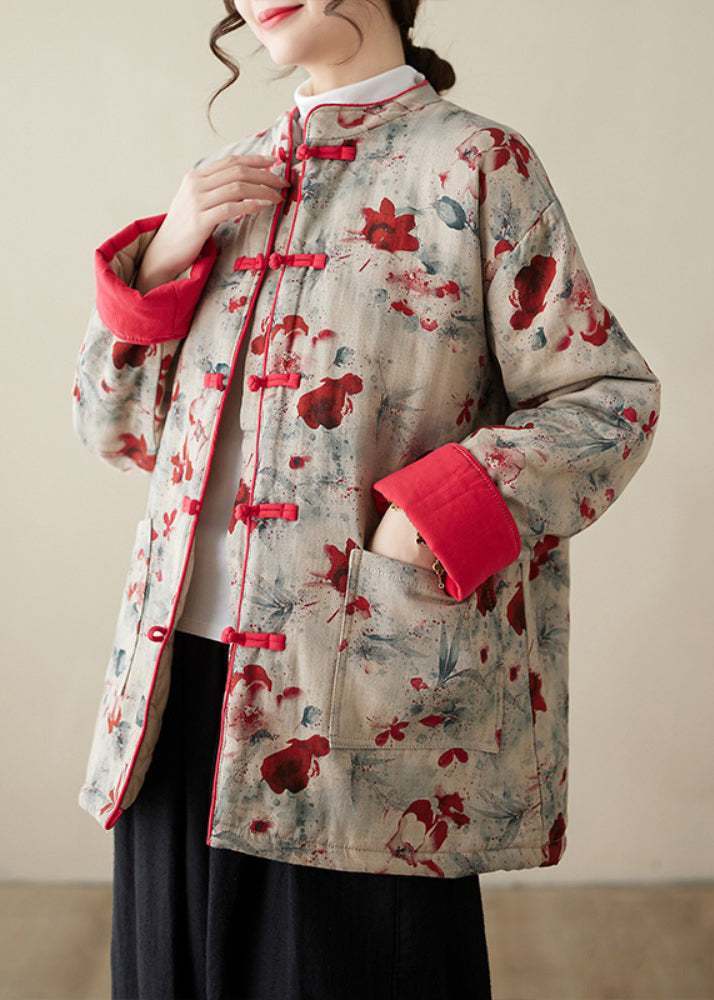 Vintage Print Button Pockets Thick Parka Stand Collar Winter QG020