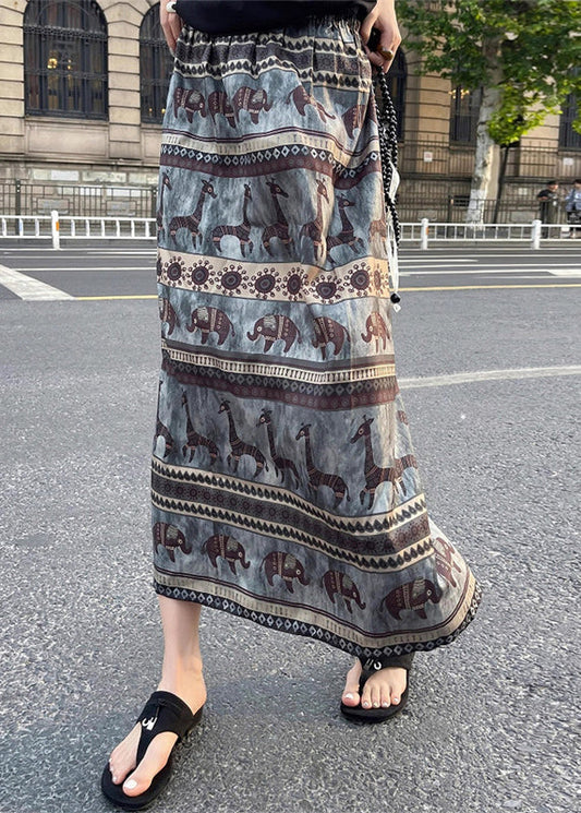 Summer Vintage Print Waist Elastic Cotton Skirt Side Open
