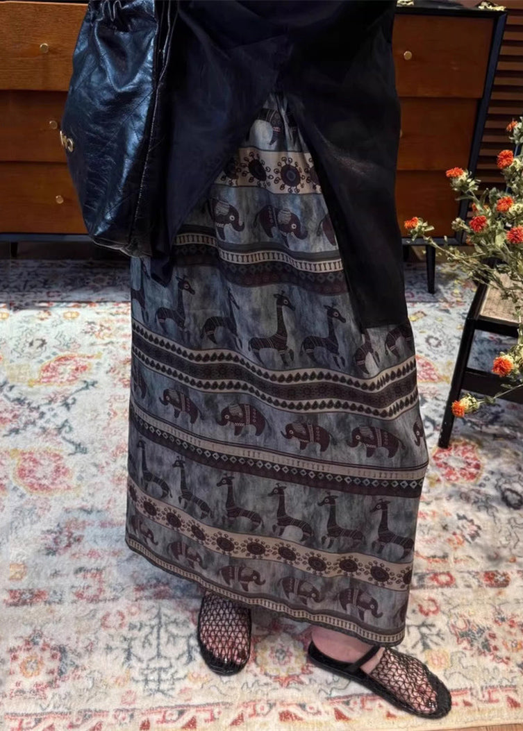 Summer Vintage Print Waist Elastic Cotton Skirt Side Open