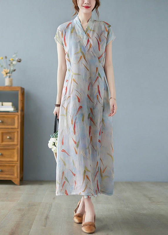 Vintage Tie Long Dress Summer Linen Waist Print
