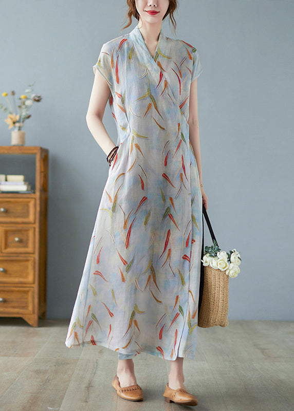 Vintage Tie Long Dress Summer Linen Waist Print