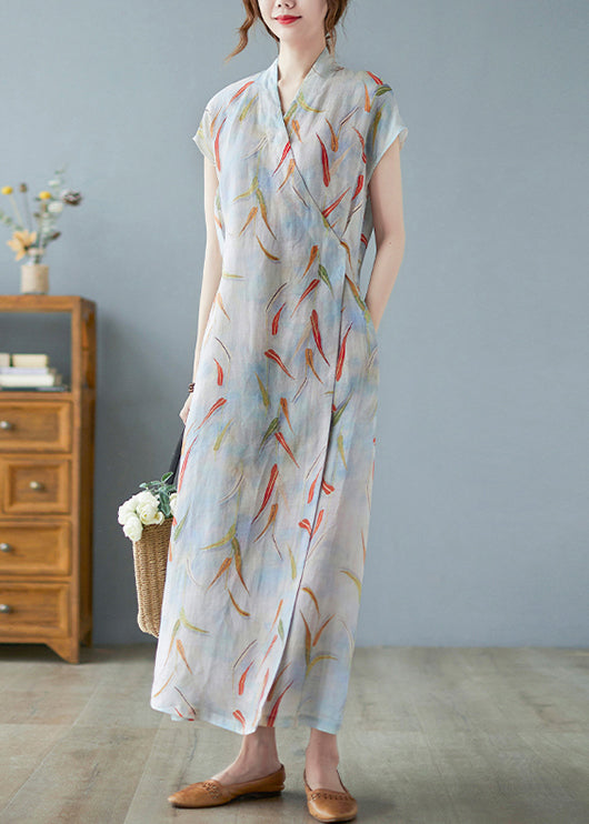 Vintage Tie Long Dress Summer Linen Waist Print