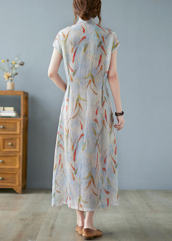 Vintage Tie Long Dress Summer Linen Waist Print