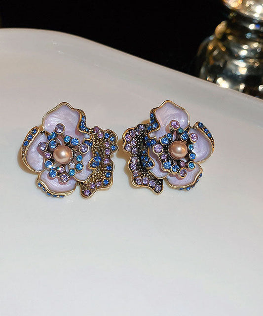 Vintage Drip Zircon Pearl Earrings Purple Alloy Stud Glaze