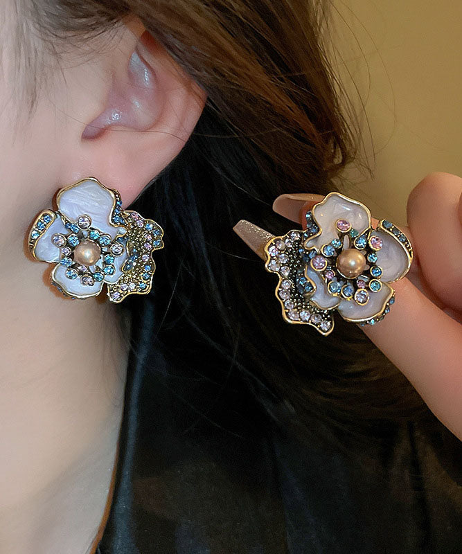 Vintage Drip Zircon Pearl Earrings Purple Alloy Stud Glaze