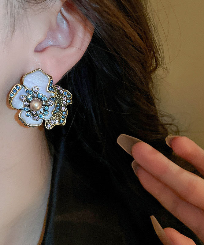 Vintage Drip Zircon Pearl Earrings Purple Alloy Stud Glaze