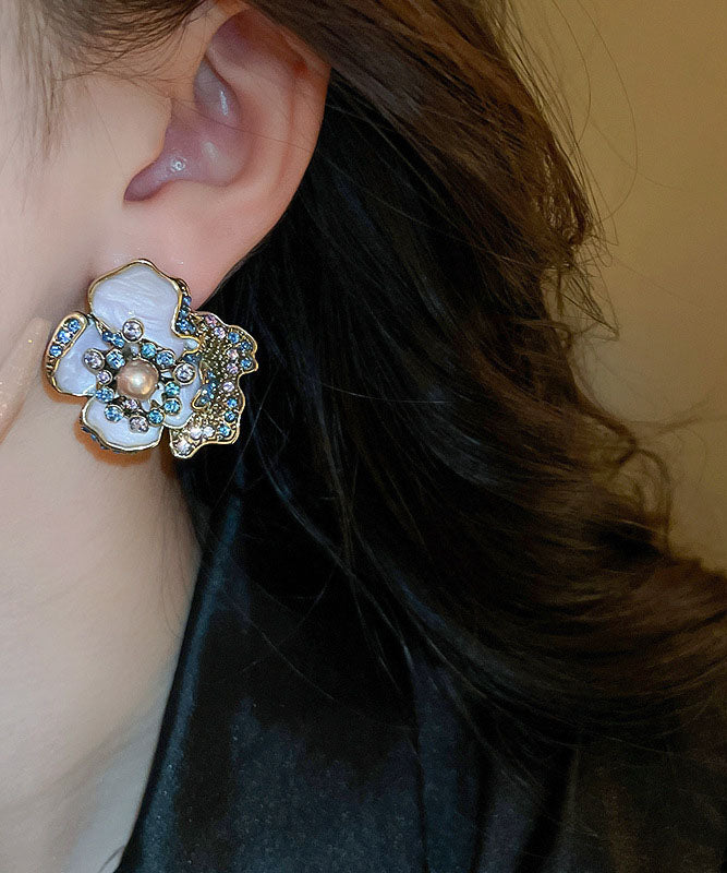 Vintage Drip Zircon Pearl Earrings Purple Alloy Stud Glaze