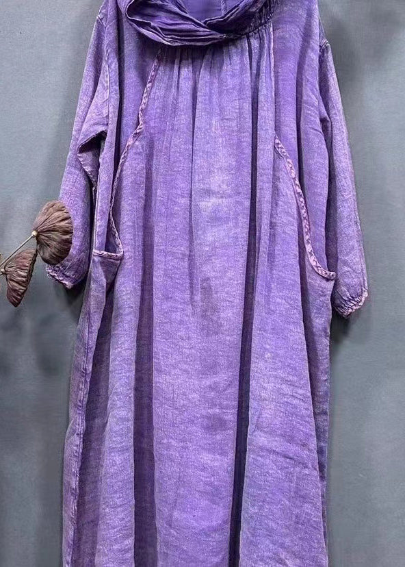 Vintage Purple Hooded Pockets Solid Linen Long Dress Spring AA1045