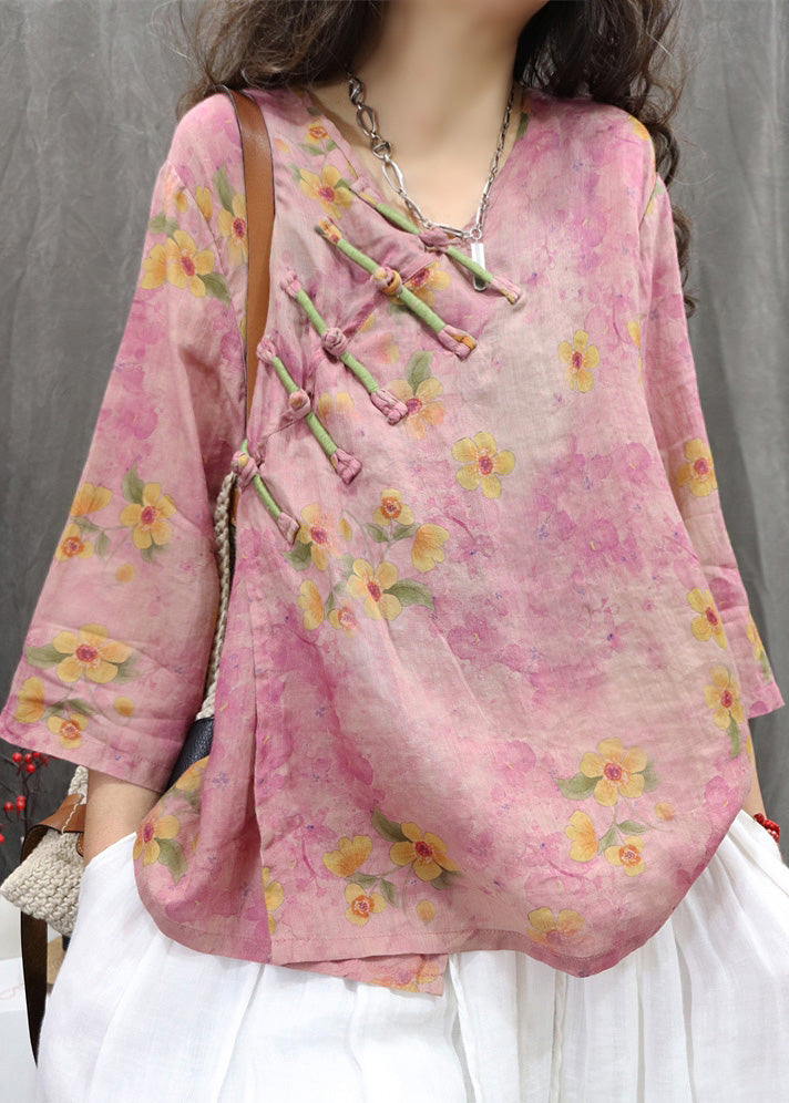 Chinese Purple Linen Button Shirt V Neck Vintage Spring