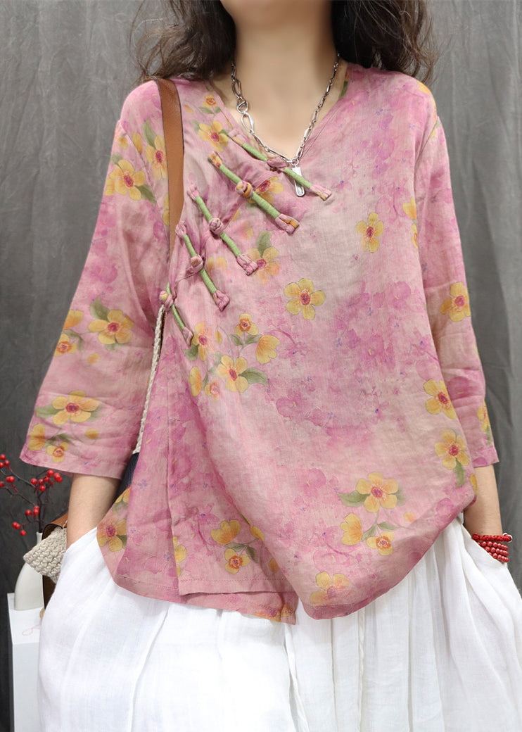 Chinese Purple Linen Button Shirt V Neck Vintage Spring