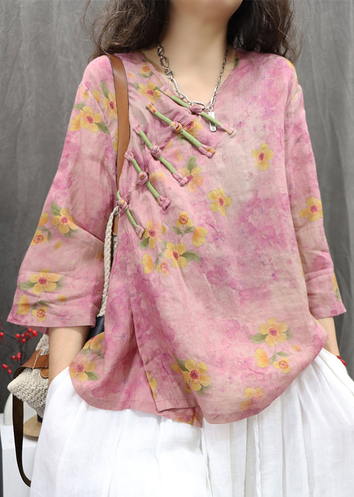 Chinese Purple Linen Button Shirt V Neck Vintage Spring