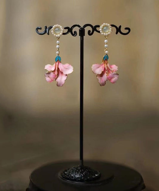 Enameling Tassel Pearl Peony Drop Rainbow Vintage Earrings Alloy