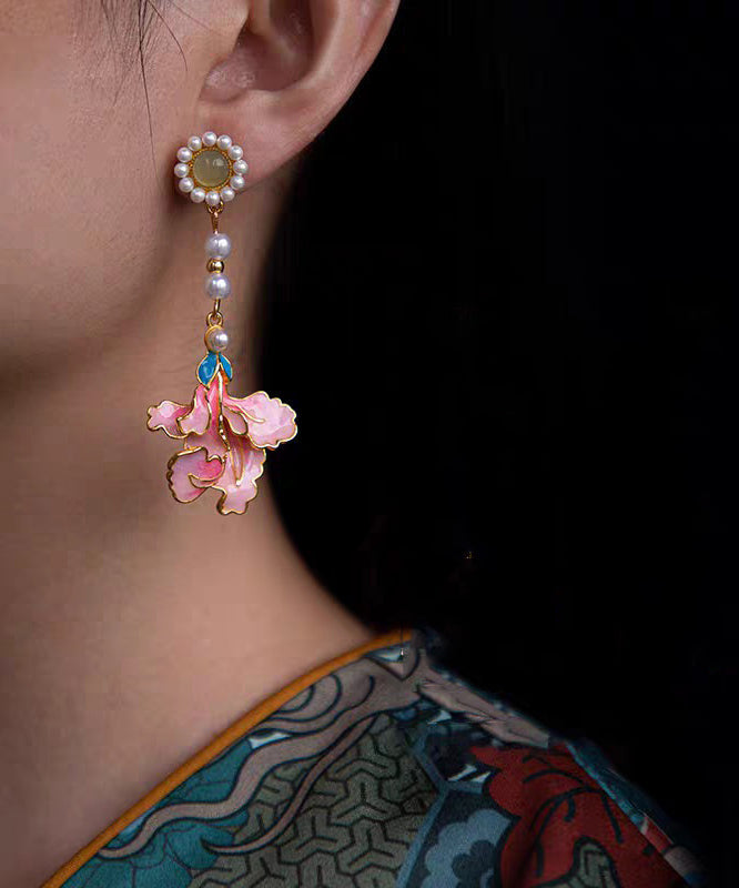 Enameling Tassel Pearl Peony Drop Rainbow Vintage Earrings Alloy