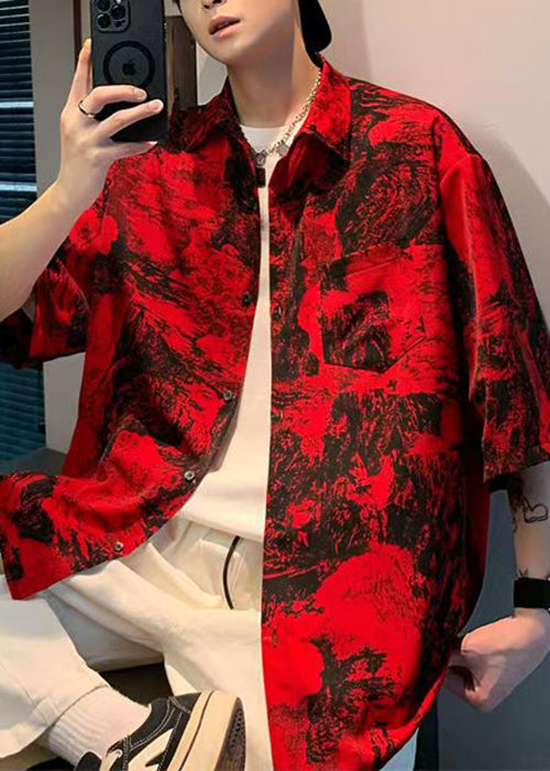 Pockets Shirts Vintage Half Sleeve Men Cotton Red Button Print