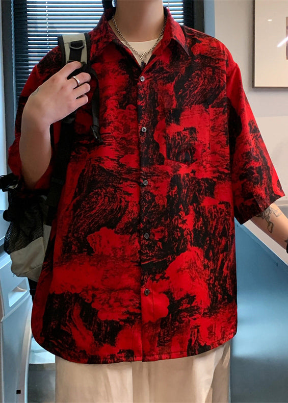Pockets Shirts Vintage Half Sleeve Men Cotton Red Button Print